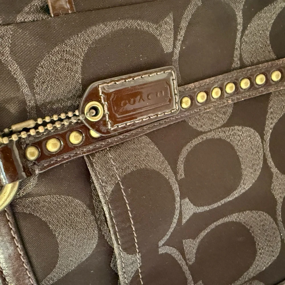 COACH Gallery Metallic Dark Chocolate Bronze Jacquard Signature Studded Tote